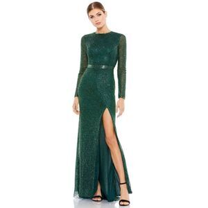Mac Duggal Bottle Green Beaded High Neck Long Sleeve Gown Style 5056 Size 8